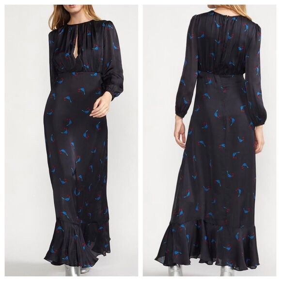 Cynthia Rowley Blue Cherry Print SEA BREEZE Maxi Flounce Hem Dress Sz 10 - Picture 1 of 16